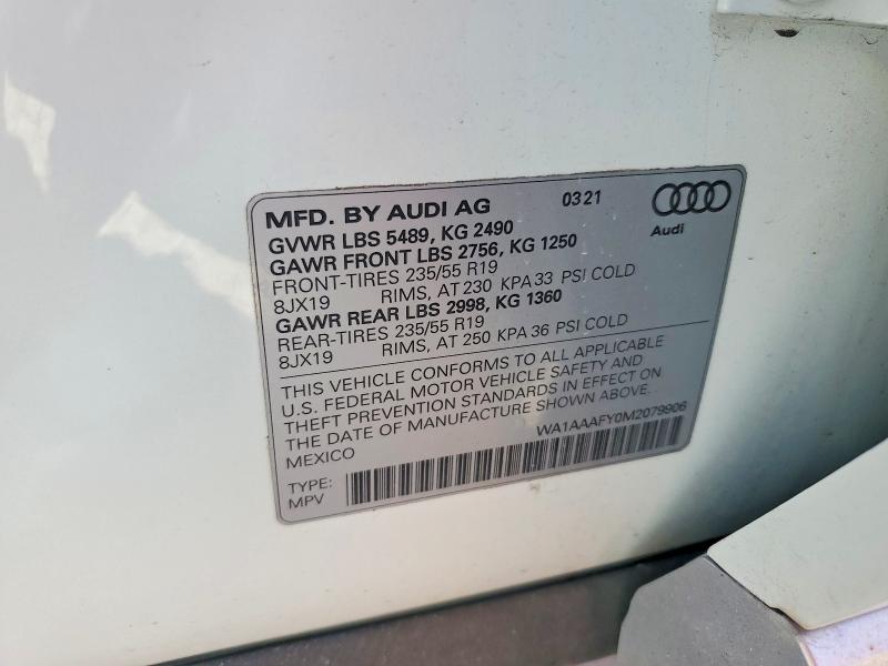 2021 Audi Q5 მანქანა იყიდება აუქციონზე, vin: WA1AAAFY0M2079906, აუქციონის ნომერი: 46439576