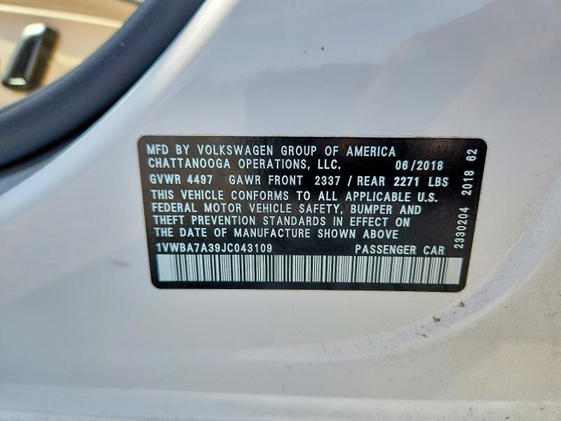 Aukcja sprzedaży 2018 Volkswagen Passat, vin: 1VWBA7A39JC043109, numer aukcji: 45778306