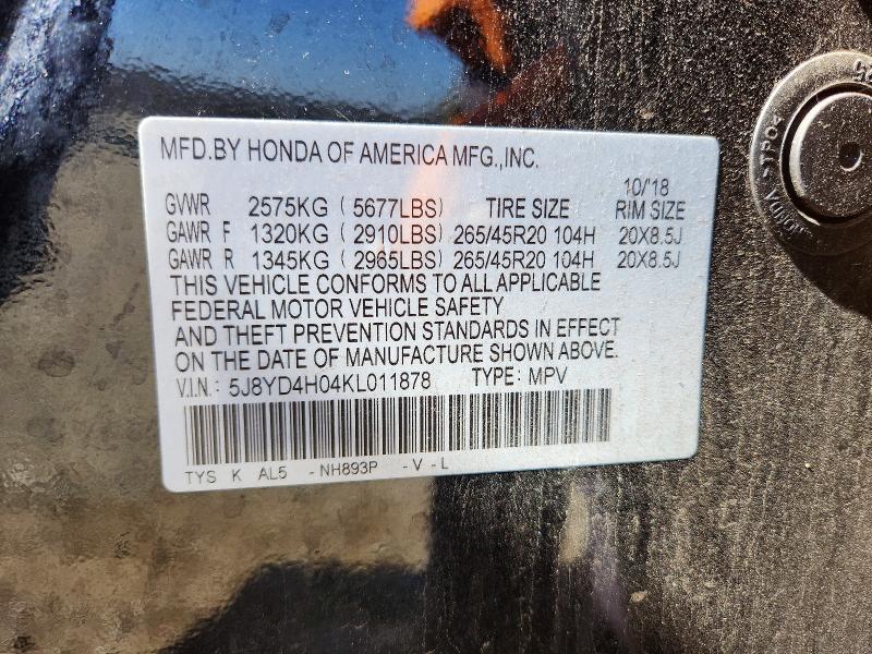 46540186 :رقم المزاد ، 5J8YD4H04KL011878 vin ، 2019 Acura Mdx مزاد بيع