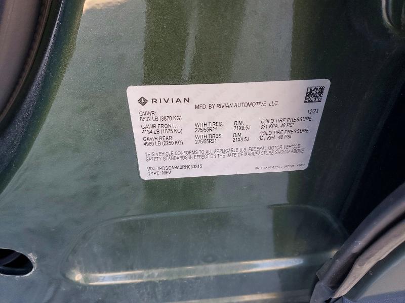 2024 Rivian R1s მანქანა იყიდება აუქციონზე, vin: 7PDSGABA0RN033315, აუქციონის ნომერი: 46137926