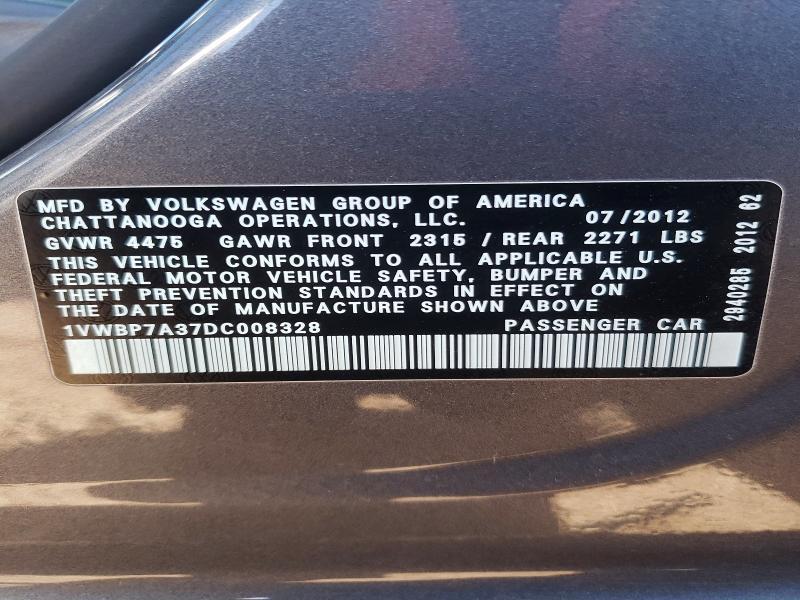 46232426 :رقم المزاد ، 1VWBP7A37DC008328 vin ، 2013 Volkswagen Passat مزاد بيع