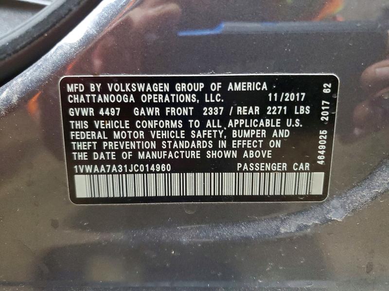 47471156 :رقم المزاد ، 1VWAA7A31JC014960 vin ، 2018 Volkswagen Passat مزاد بيع