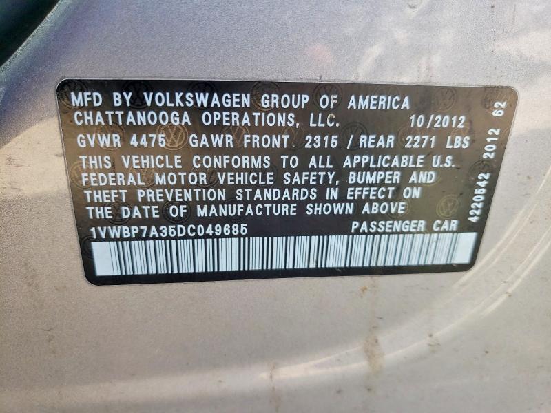2013 Volkswagen Passat მანქანა იყიდება აუქციონზე, vin: 1VWBP7A35DC049685, აუქციონის ნომერი: 41840066