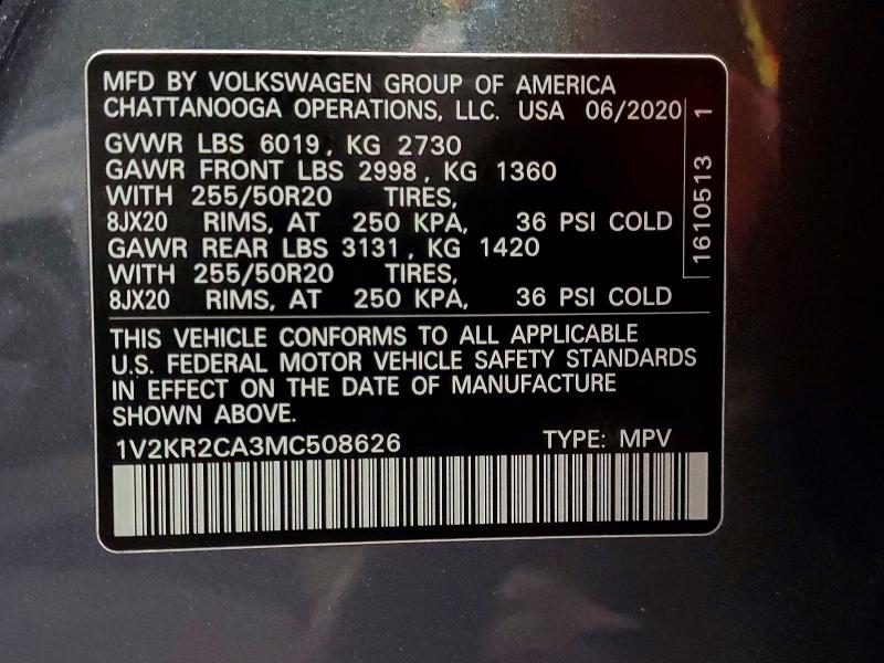 79485805 :رقم المزاد ، 1V2KR2CA3MC508626 vin ، 2021 Volkswagen Atlas مزاد بيع