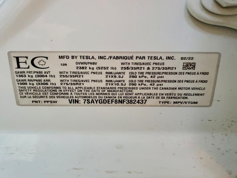 Продажа на аукционе авто 2022 Tesla Model Y, vin: 7SAYGDEF8NF382437, номер лота: 45500936