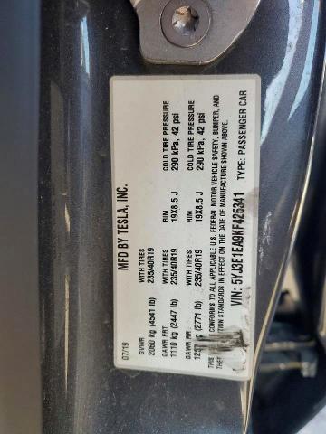 46679746 :رقم المزاد ، 5YJ3E1EA9KF425341 vin ، 2019 Tesla Model 3 مزاد بيع