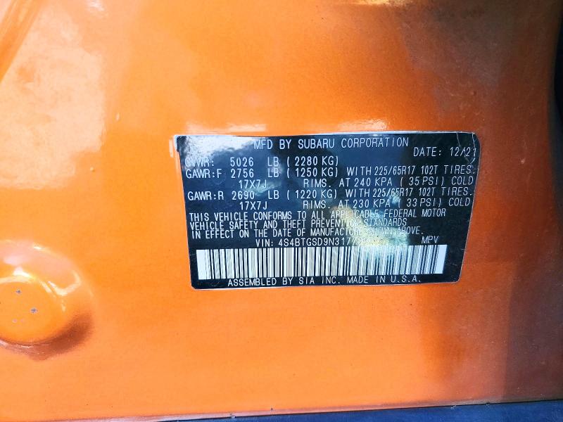 2022 Subaru Outback მანქანა იყიდება აუქციონზე, vin: 4S4BTGSD9N3177897, აუქციონის ნომერი: 79711845