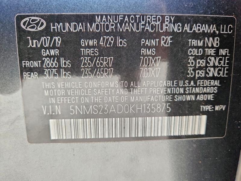Продаж на аукціоні авто 2019 Hyundai Santa Fe, vin: 5NMS23AD0KH135875, номер лоту: 79920225