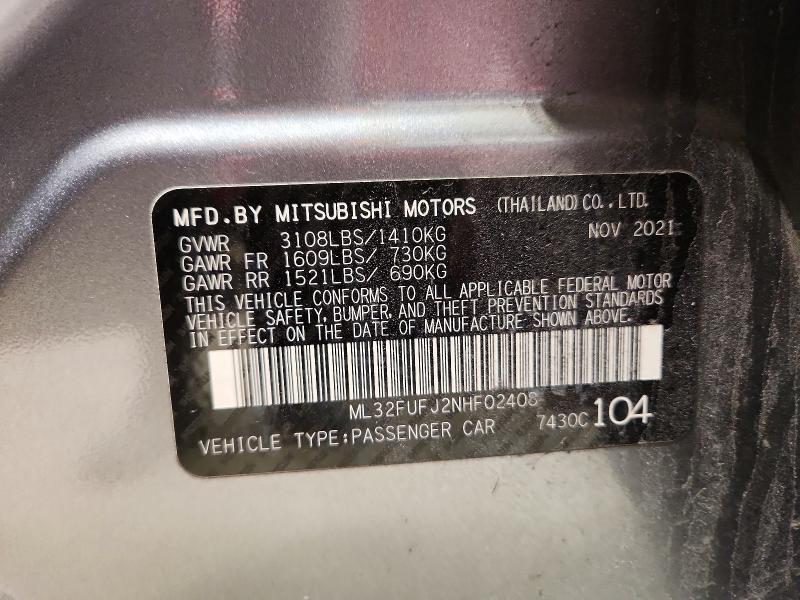 41822596 :رقم المزاد ، ML32FUFJ2NHF02408 vin ، 2022 Mitsubishi Mirage مزاد بيع