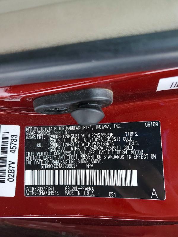 Aukcja sprzedaży 2010 Toyota Sienna, vin: 5TDKK4CC1AS299027, numer aukcji: 45963086
