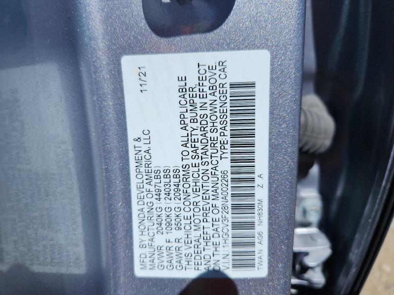 Продаж на аукціоні авто 2022 Honda Accord, vin: 1HGCV3F28NA002266, номер лоту: 45969606