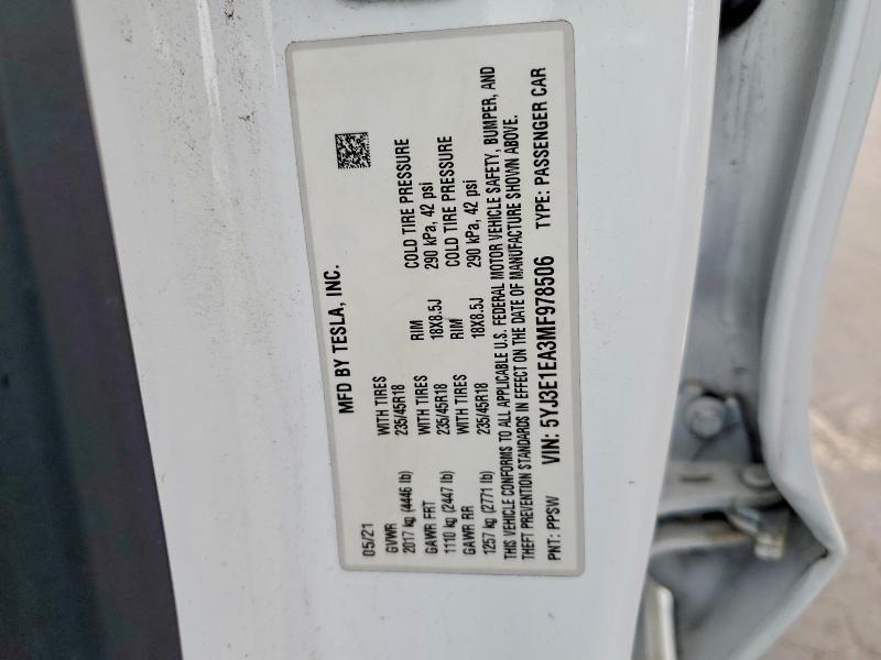 2021 Tesla Model 3 მანქანა იყიდება აუქციონზე, vin: 5YJ3E1EA3MF978506, აუქციონის ნომერი: 46087276