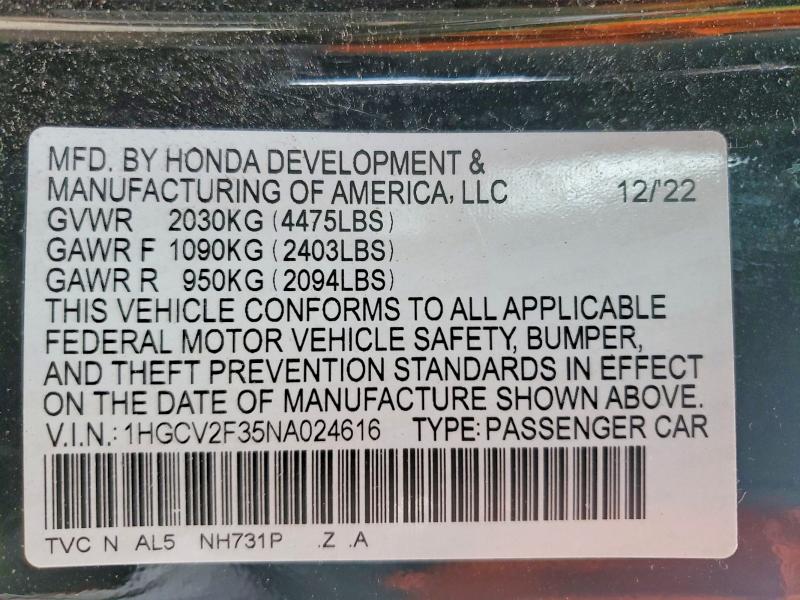 Aukcja sprzedaży 2022 Honda Accord, vin: 1HGCV2F35NA024616, numer aukcji: 45569566