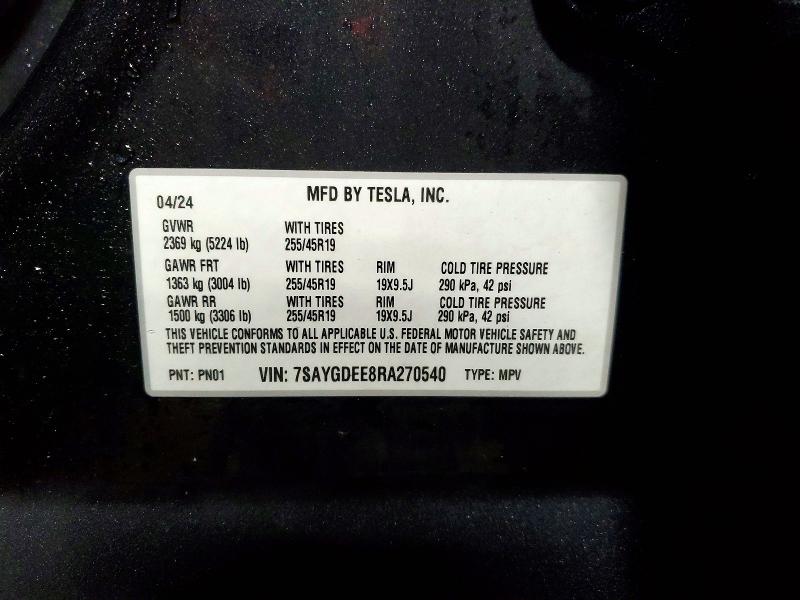 Aukcja sprzedaży 2024 Tesla Model Y, vin: 7SAYGDEE8RA270540, numer aukcji: 45935276