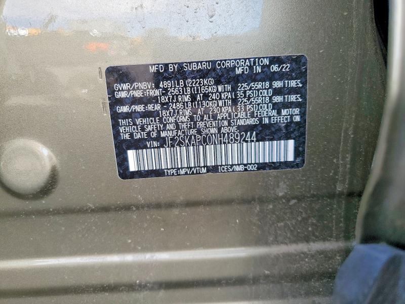 78901405 :رقم المزاد ، JF2SKAPC0NH489244 vin ، 2022 Subaru Forester مزاد بيع