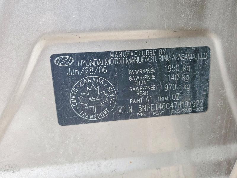 2007 Hyundai Sonata მანქანა იყიდება აუქციონზე, vin: 5NPET46C47H197922, აუქციონის ნომერი: 76398655