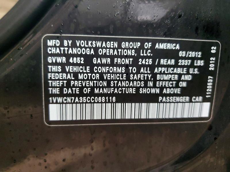 Aukcja sprzedaży 2012 Volkswagen Passat, vin: 1VWCN7A35CC068116, numer aukcji: 78983035