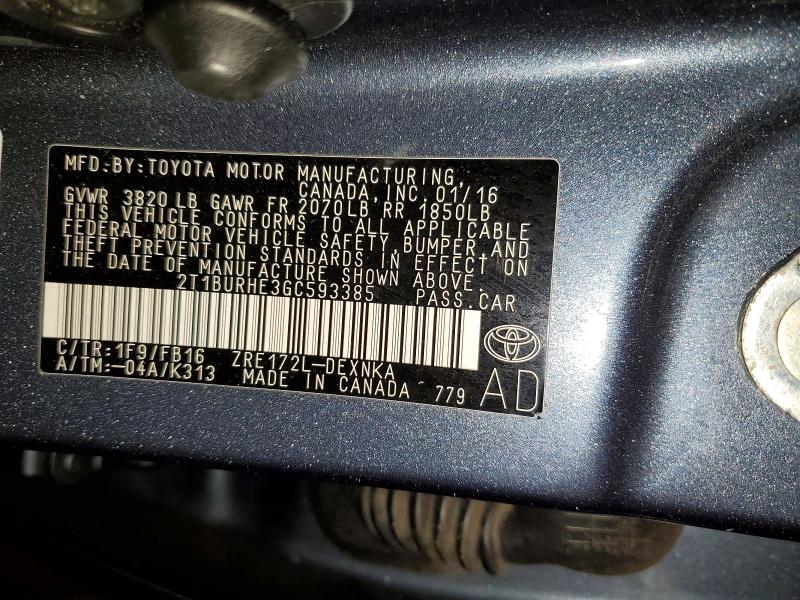 Auction sale of the 2016 Toyota Corolla, vin: 2T1BURHE3GC593385, lot number: 45726226