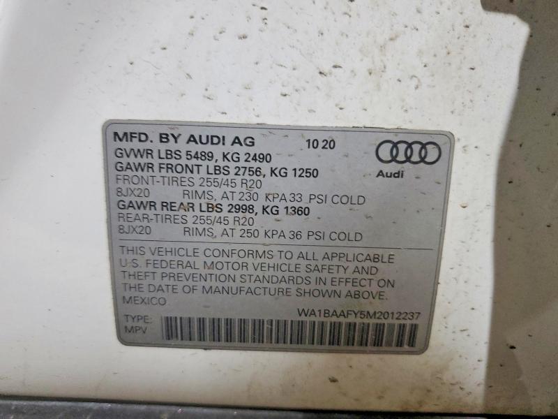 47058956 :رقم المزاد ، WA1BAAFY5M2012237 vin ، 2021 Audi Q5 مزاد بيع