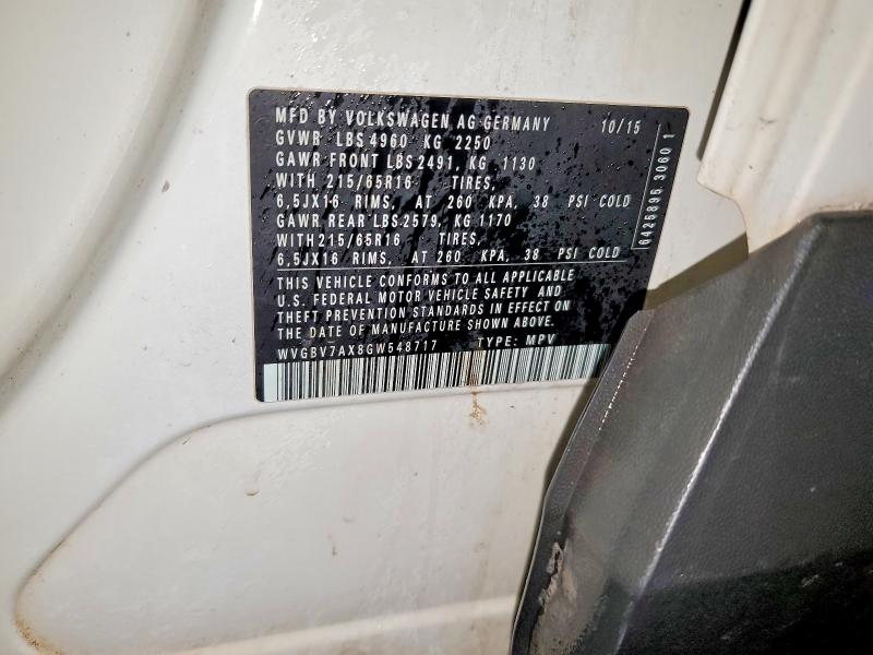 46485876 :رقم المزاد ، WVGBV7AX8GW548717 vin ، 2016 Volkswagen Tiguan مزاد بيع