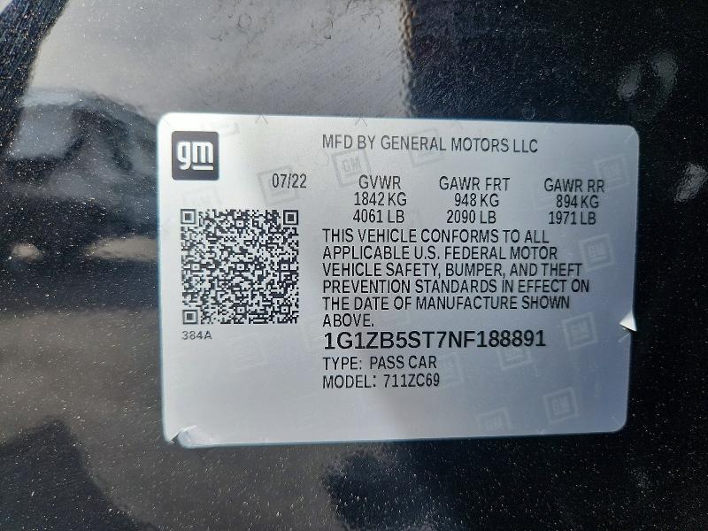 47842406 :رقم المزاد ، 1G1ZB5ST7NF188891 vin ، 2022 Chevrolet Malibu مزاد بيع