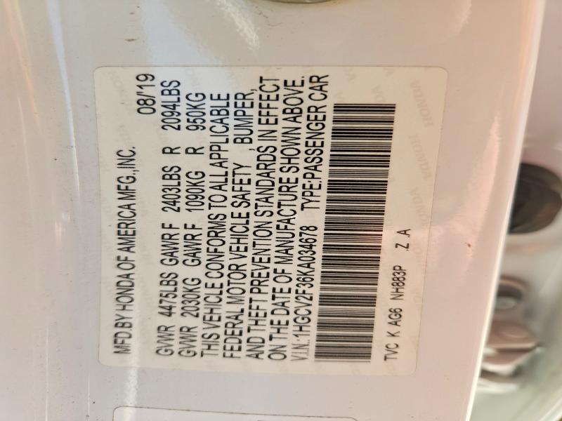 Aukcja sprzedaży 2019 Honda Accord, vin: 1HGCV2F36KA034678, numer aukcji: 46295026