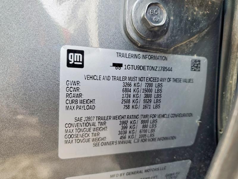 45856676 :رقم المزاد ، 1GTU9DET0NZ178544 vin ، 2022 Gmc Sierra Limited مزاد بيع