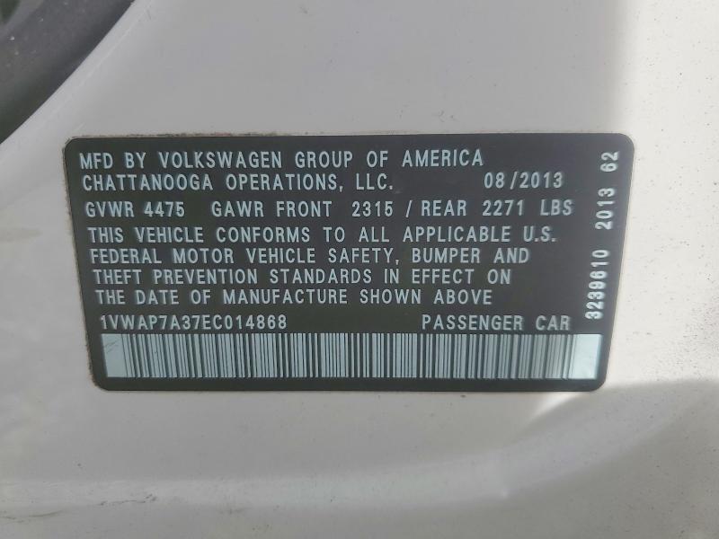 Продажа на аукционе авто 2014 Volkswagen Passat, vin: 1VWAP7A37EC014868, номер лота: 41646646