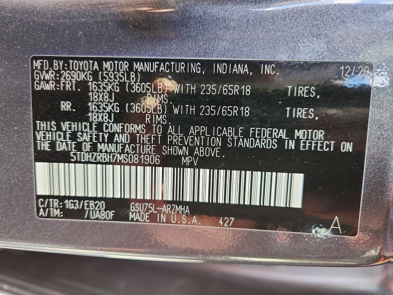 45578676 :رقم المزاد ، 5TDHZRBH7MS081906 vin ، 2021 Toyota Highlander مزاد بيع