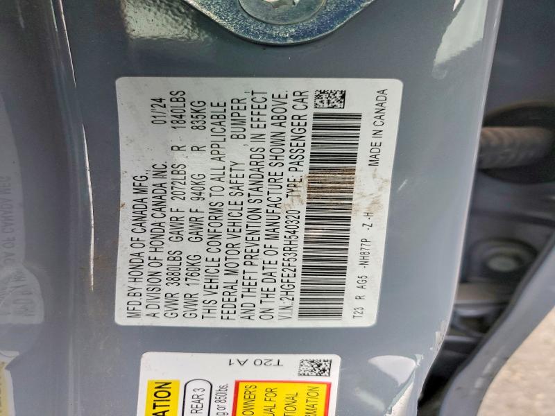 78846275 :رقم المزاد ، 2HGFE2F53RH540320 vin ، 2024 Honda Civic مزاد بيع