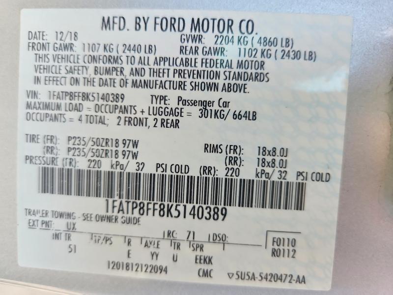 2019 Ford Mustang მანქანა იყიდება აუქციონზე, vin: 1FATP8FF8K5140389, აუქციონის ნომერი: 47396686