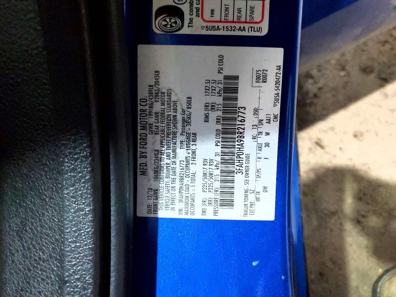 2011 Ford Fusion მანქანა იყიდება აუქციონზე, vin: 3FAHP0HA9BR216773, აუქციონის ნომერი: 41739426