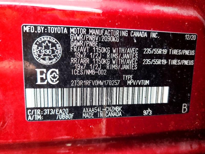 47024866 :رقم المزاد ، 2T3R1RFV0MW170257 vin ، 2021 Toyota Rav4 مزاد بيع