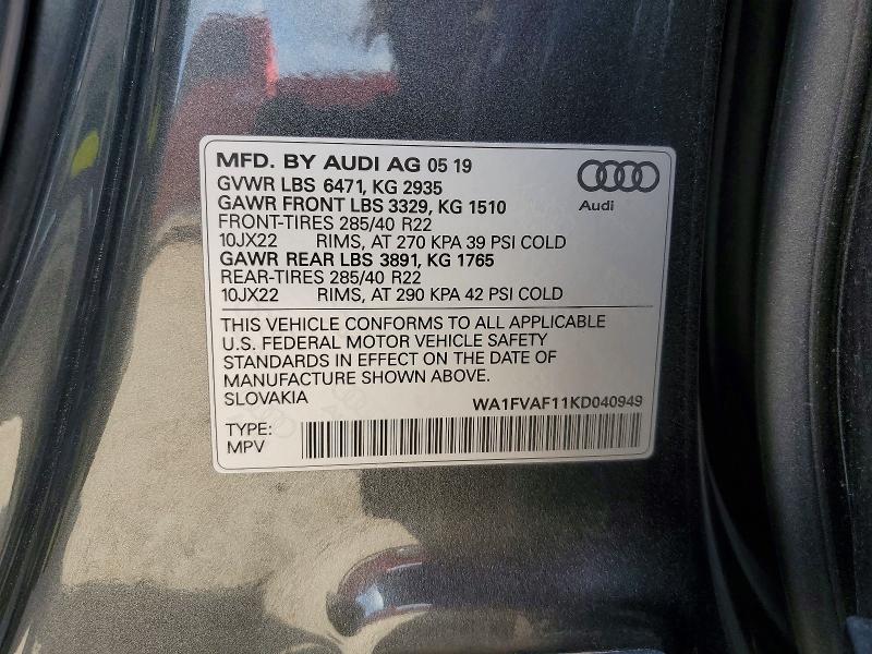 79740465 :رقم المزاد ، WA1FVAF11KD040949 vin ، 2019 Audi Q8 مزاد بيع