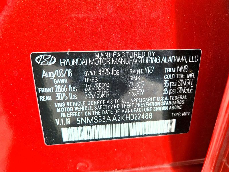 46880596 :رقم المزاد ، 5NMS53AA2KH022488 vin ، 2019 Hyundai Santa Fe مزاد بيع