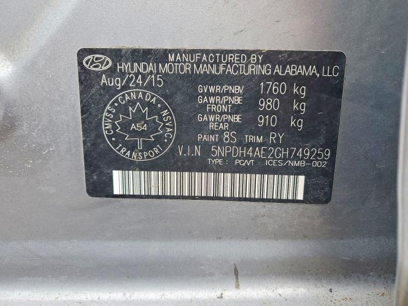 2016 Hyundai Elantra მანქანა იყიდება აუქციონზე, vin: 5NPDH4AE2GH749259, აუქციონის ნომერი: 41635866