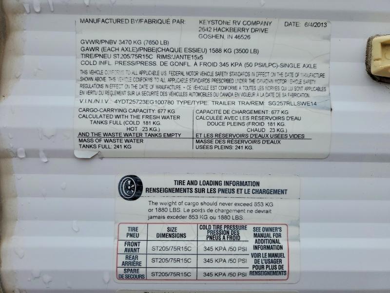 79060375 :رقم المزاد ، 4YDT25723EG100780 vin ، 2014 Keystone Keystone مزاد بيع