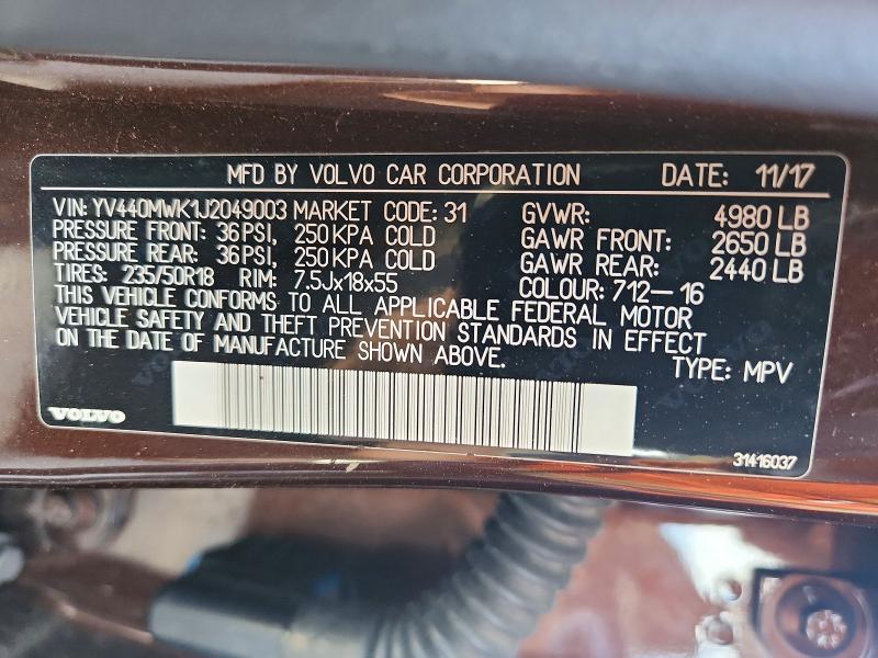 Продаж на аукціоні авто 2018 Volvo V60 Cross Country, vin: YV440MWK1J2049003, номер лоту: 45813786