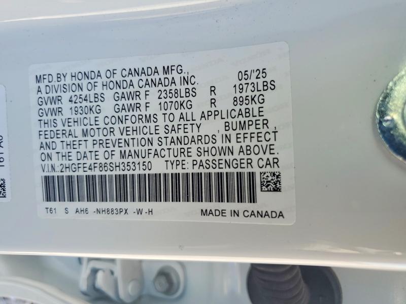 2025 Honda Civic მანქანა იყიდება აუქციონზე, vin: 2HGFE4F86SH353150, აუქციონის ნომერი: 48005286