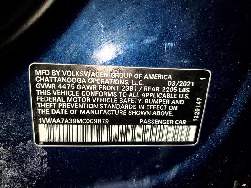Aukcja sprzedaży 2021 Volkswagen Passat, vin: 1VWAA7A39MC009879, numer aukcji: 79453295