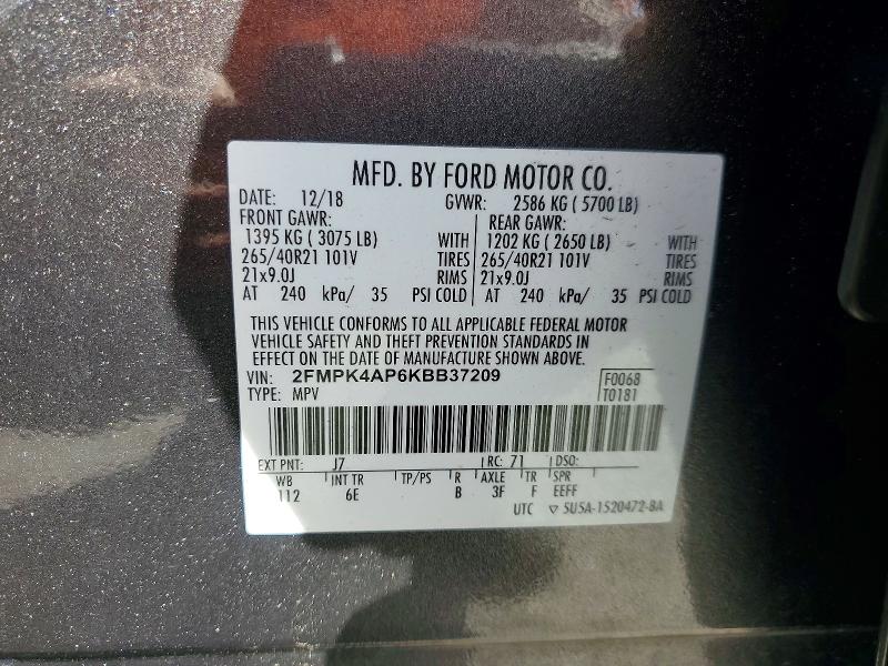 46346376 :رقم المزاد ، 2FMPK4AP6KBB37209 vin ، 2019 Ford Edge مزاد بيع
