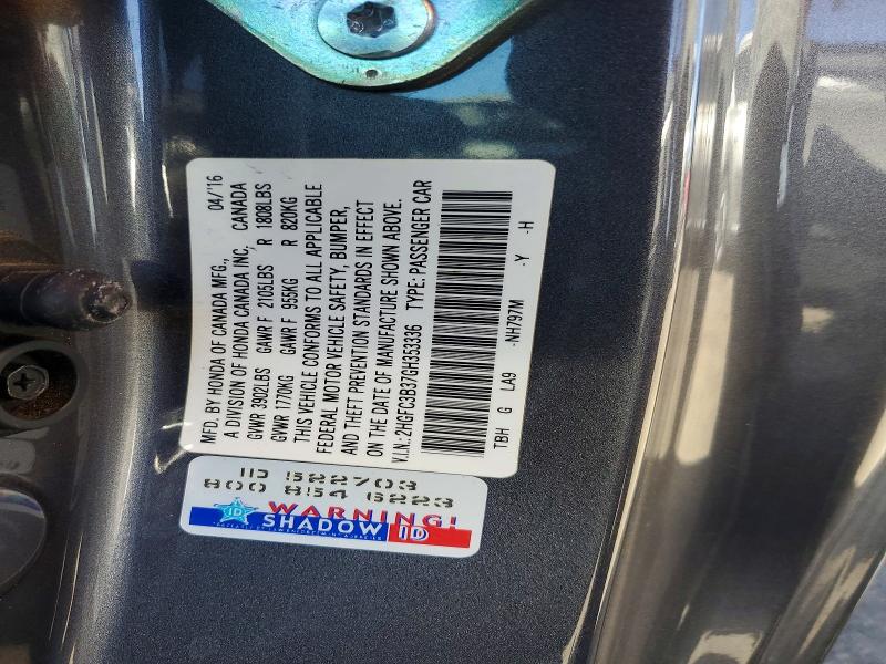 2016 Honda Civic მანქანა იყიდება აუქციონზე, vin: 2HGFC3B37GH353336, აუქციონის ნომერი: 46163886