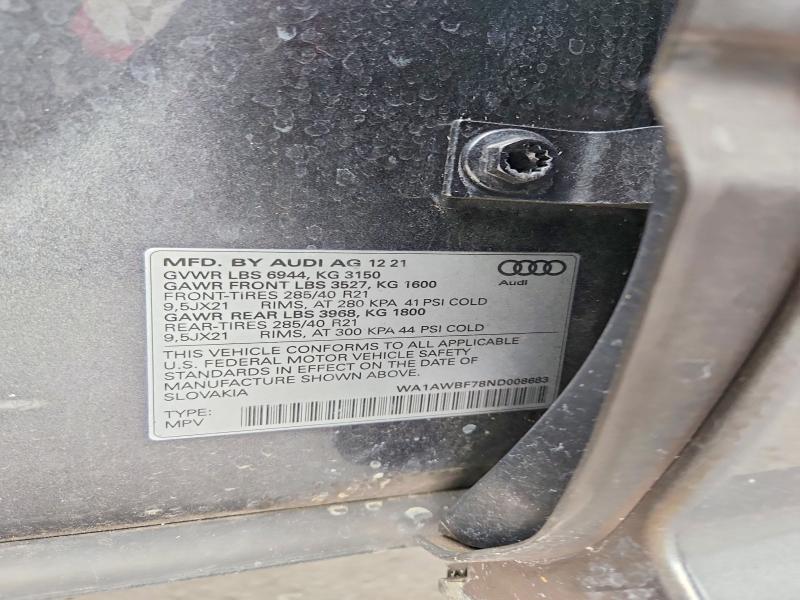Продажа на аукционе авто 2022 Audi Sq7, vin: WA1AWBF78ND008683, номер лота: 79887505