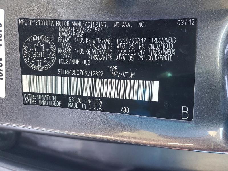 2012 Toyota Sienna მანქანა იყიდება აუქციონზე, vin: 5TDKK3DC7CS242827, აუქციონის ნომერი: 76669555