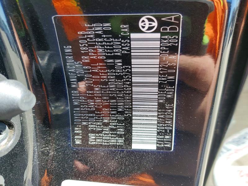 46244786 :رقم المزاد ، 5YFBURHE6GP435753 vin ، 2016 Toyota Corolla مزاد بيع
