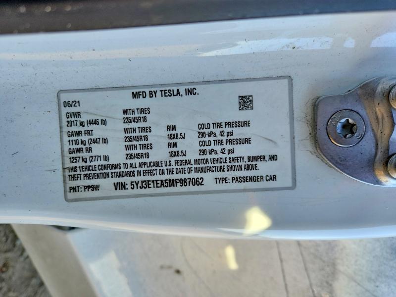Aukcja sprzedaży 2021 Tesla Model 3, vin: 5YJ3E1EA5MF987062, numer aukcji: 47108226