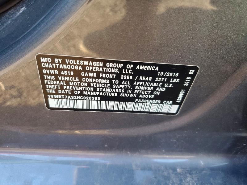 Aukcja sprzedaży 2017 Volkswagen Passat, vin: 1VWBT7A32HC026303, numer aukcji: 46601606