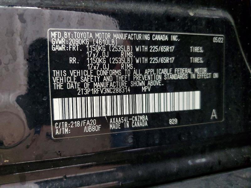 47908256 :رقم المزاد ، 2T3P1RFV3NC288314 vin ، 2022 Toyota Rav4 مزاد بيع