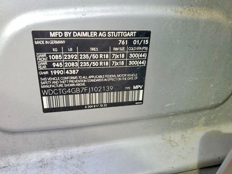 Aukcja sprzedaży 2015 Mercedes-benz Gla, vin: WDCTG4GB7FJ102139, numer aukcji: 45580436