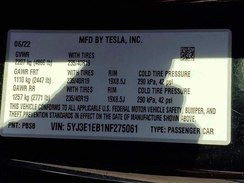 Aukcja sprzedaży 2022 Tesla Model 3, vin: 5YJ3E1EB1NF275061, numer aukcji: 41991106